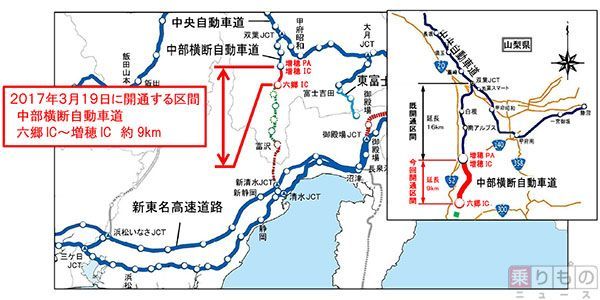 中部横断道の六郷ic 増穂ic間 3月19日開通 増穂paも同時オープン 乗りものニュース